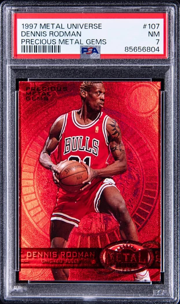 1997-98 SkyBox Metal Universe Precious Metal Gems Red Dennis Rodman #107 /100 card front