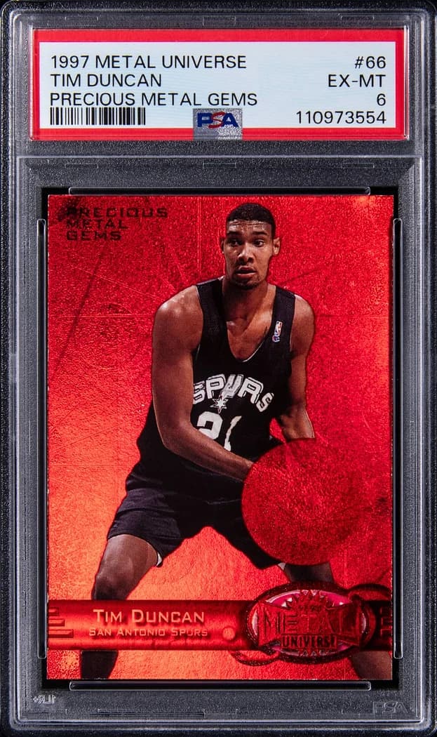 1997-98 SkyBox Metal Universe Precious Metal Gems Red Tim Duncan #66 /100 card front