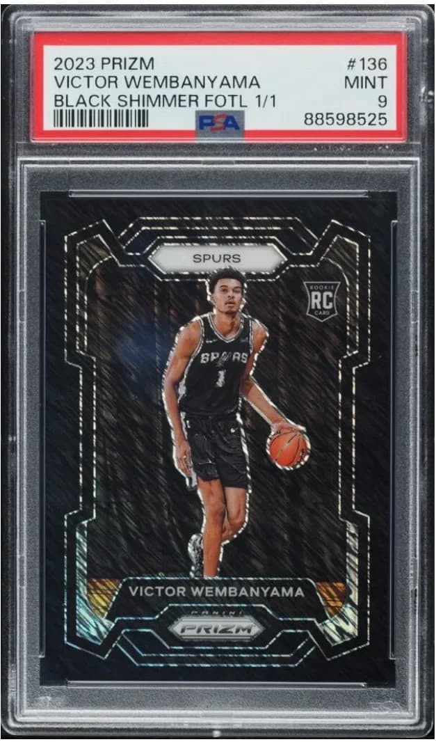 2023-24 Panini Prizm Black Shimmer FOTL Prizm Victor Wembanyama #136 1/1; representative card reference, color/finish and individual copy details may differ