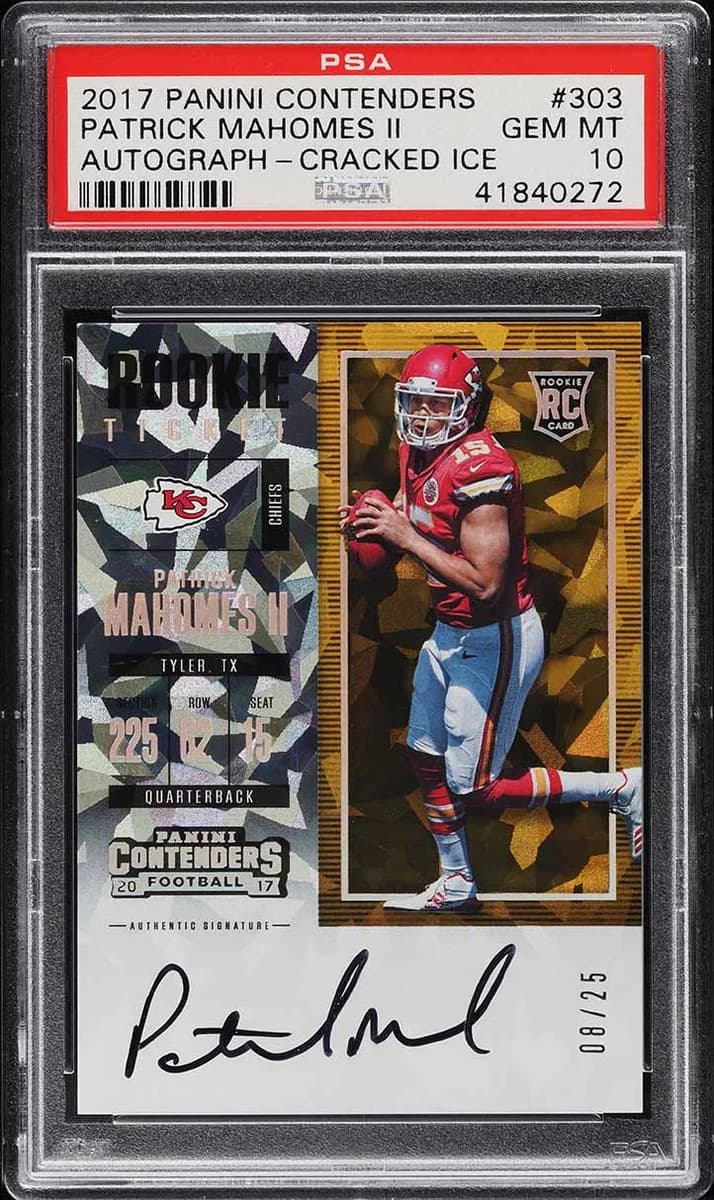 2017 Panini Contenders Patrick Mahomes Rookie Ticket Autograph Cracked Ice Ticket #303; representative card reference, color/finish and individual copy details may differ
