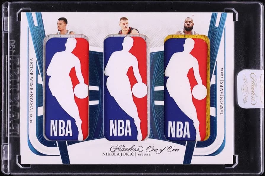 2023-24 Panini Flawless Triple Logoman LeBron James, Nikola Jokic & Victor Wembanyama; representative card reference, color/finish and individual copy details may differ