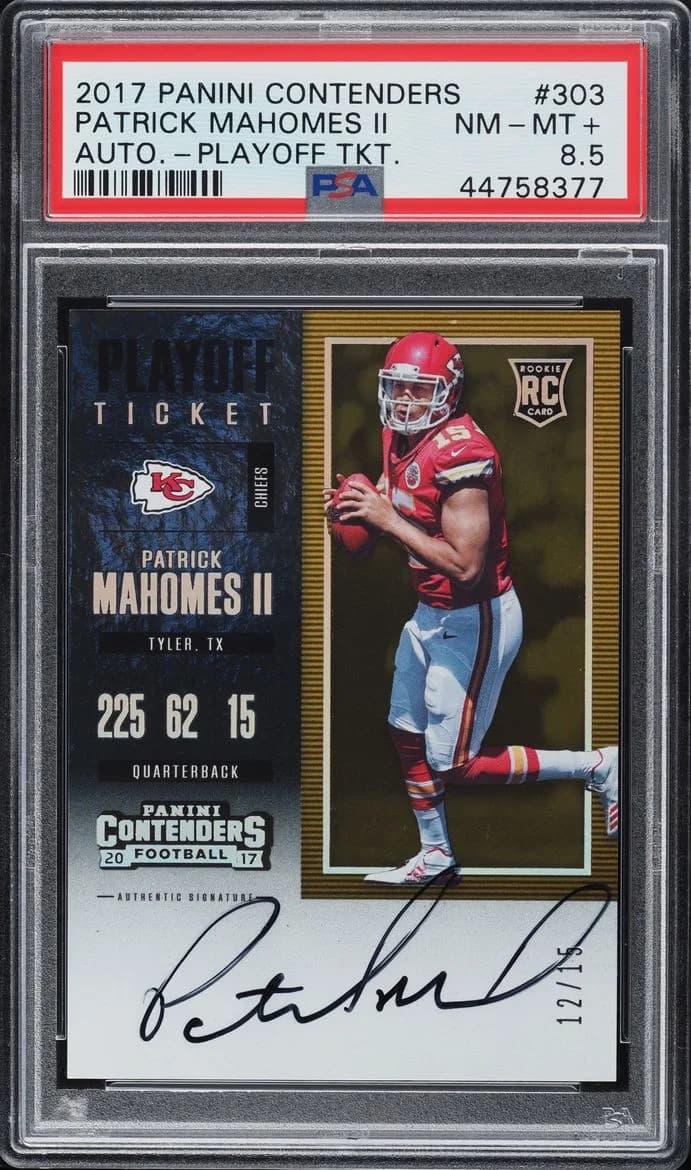 2017 Panini Contenders Patrick Mahomes Rookie Ticket Autograph Playoff Ticket #303; representative card reference, color/finish and individual copy details may differ