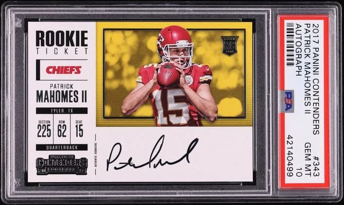 2017 Panini Contenders Patrick Mahomes Rookie Ticket Autograph Variation Cracked Ice Ticket #343; representative same-card artwork; finish, patch and individual-copy details may differ
