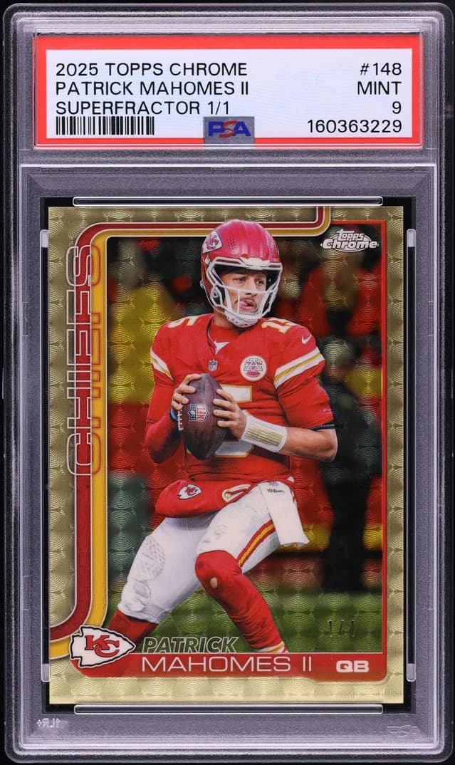 2025 Topps Chrome Patrick Mahomes #148 Superfractor; representative card photograph; finish, patch, autograph and individual-copy details may differ