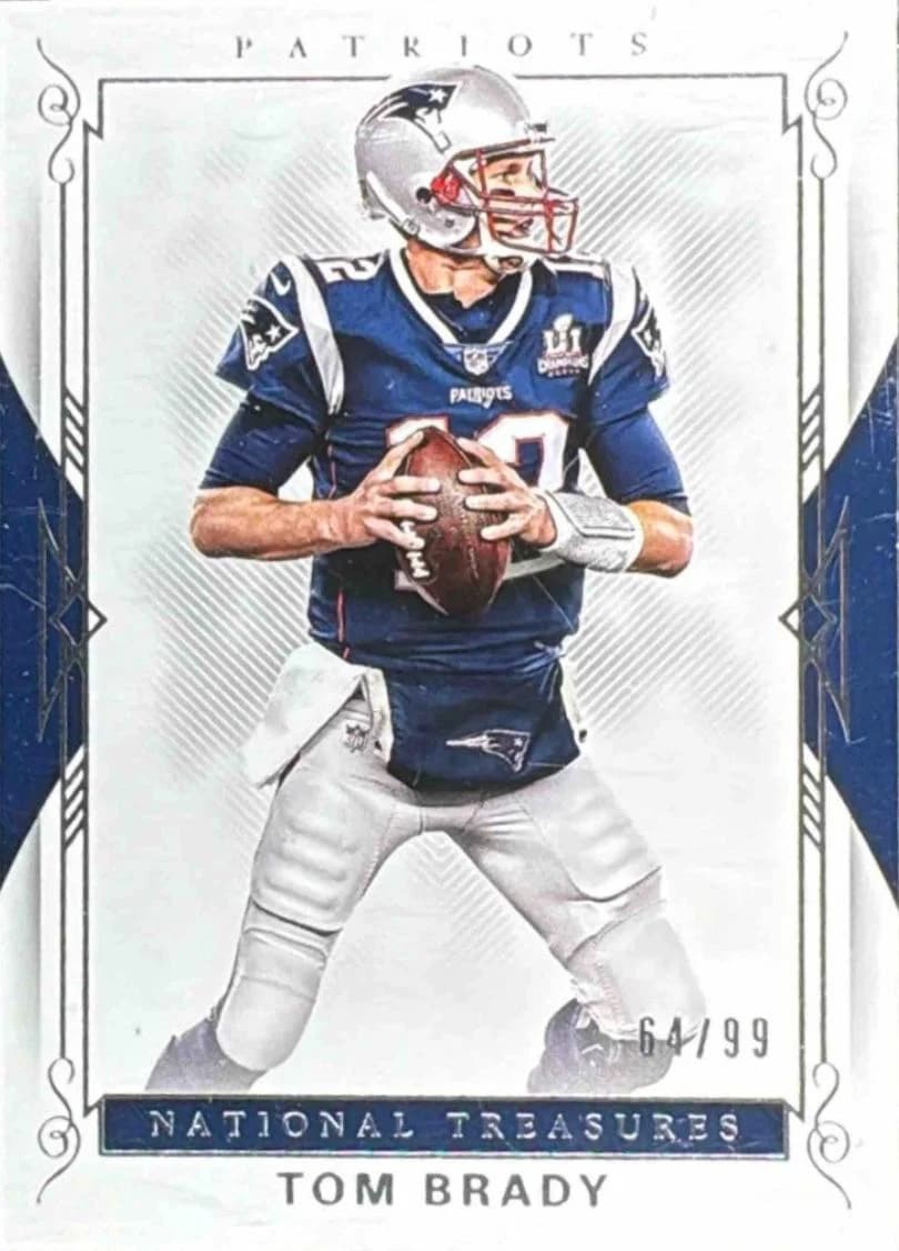 2018 Panini National Treasures Tom Brady Platinum #60 (1/1); representative card photograph; finish, patch, autograph and individual-copy details may differ