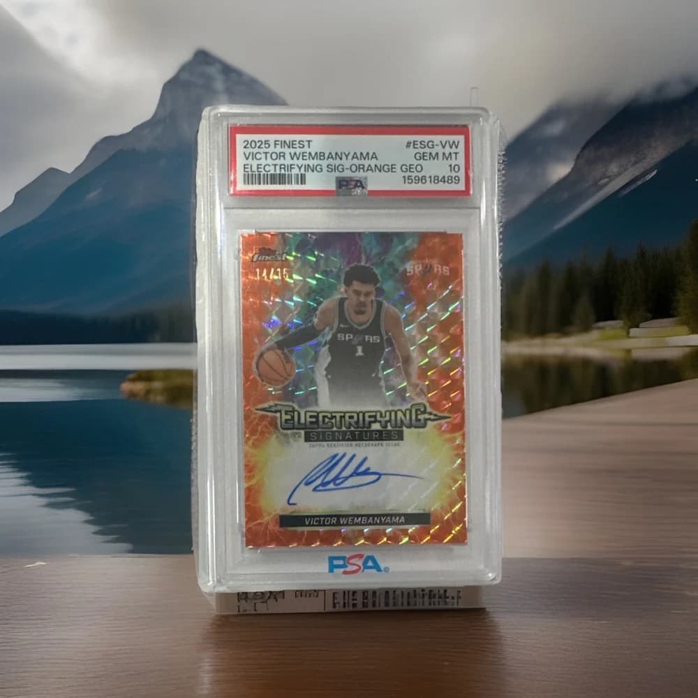 2025-26 Topps Finest Victor Wembanyama Electrifying Signatures SuperFractor 1/1 #ESG-VW; representative same-card artwork; finish, product-edition and individual-copy details may differ; pictured Orange Geometric Refractor
