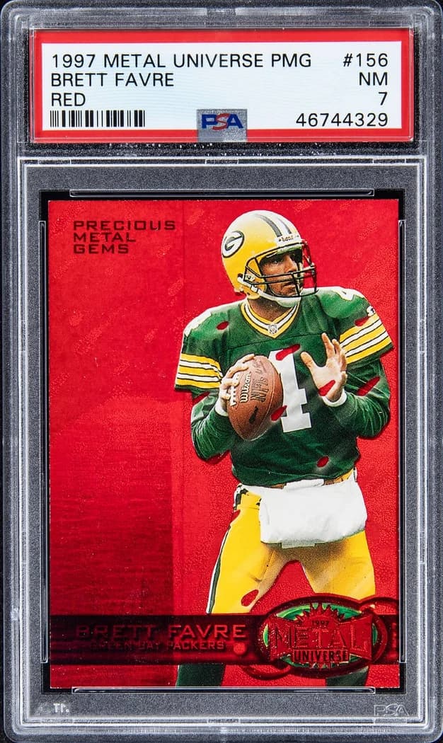 1997 SkyBox Metal Universe Precious Metal Gems Red Brett Favre #156 /150 card front