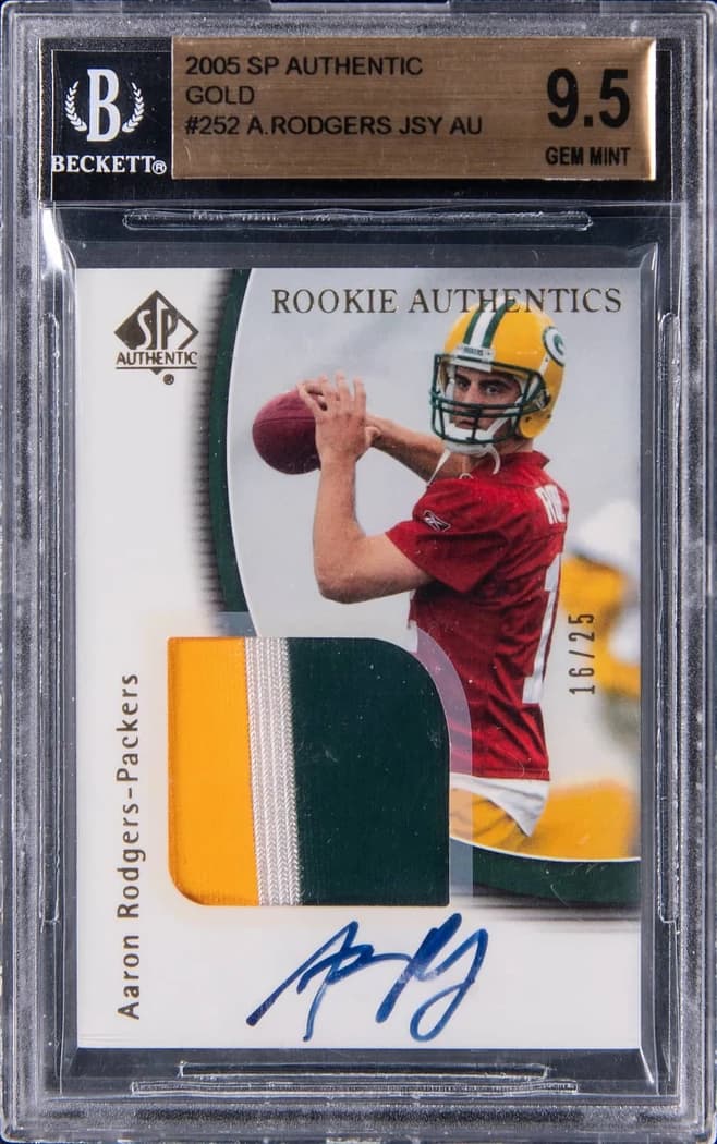 2005 Upper Deck SP Authentic Rookie Patch Autograph Gold Aaron Rodgers #252 /25 card front