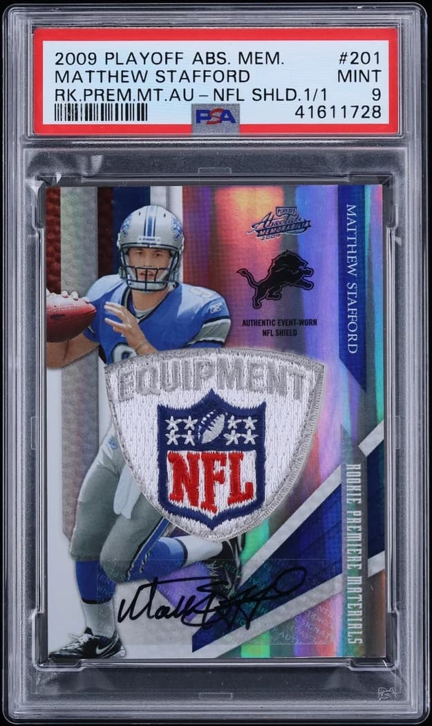 2009 Playoff Absolute Memorabilia Rookie Premiere Materials Autograph NFL Shield Matthew Stafford #201 1/1 card front