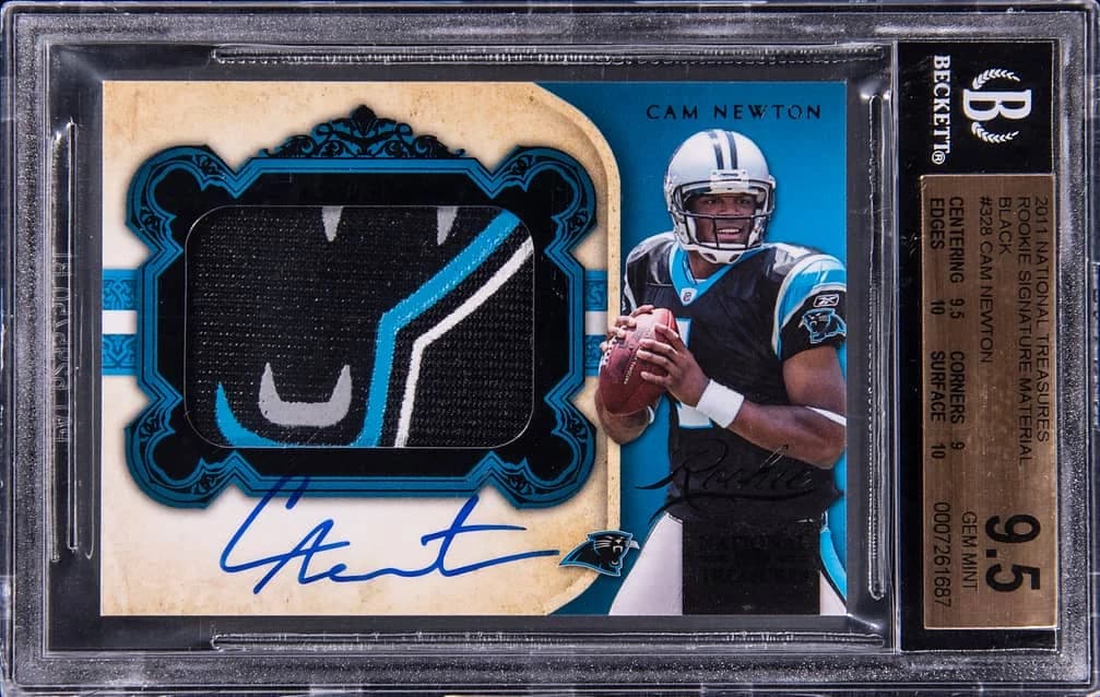 2011 Panini National Treasures Rookie Signature Material Black Cam Newton #328 /25 card front