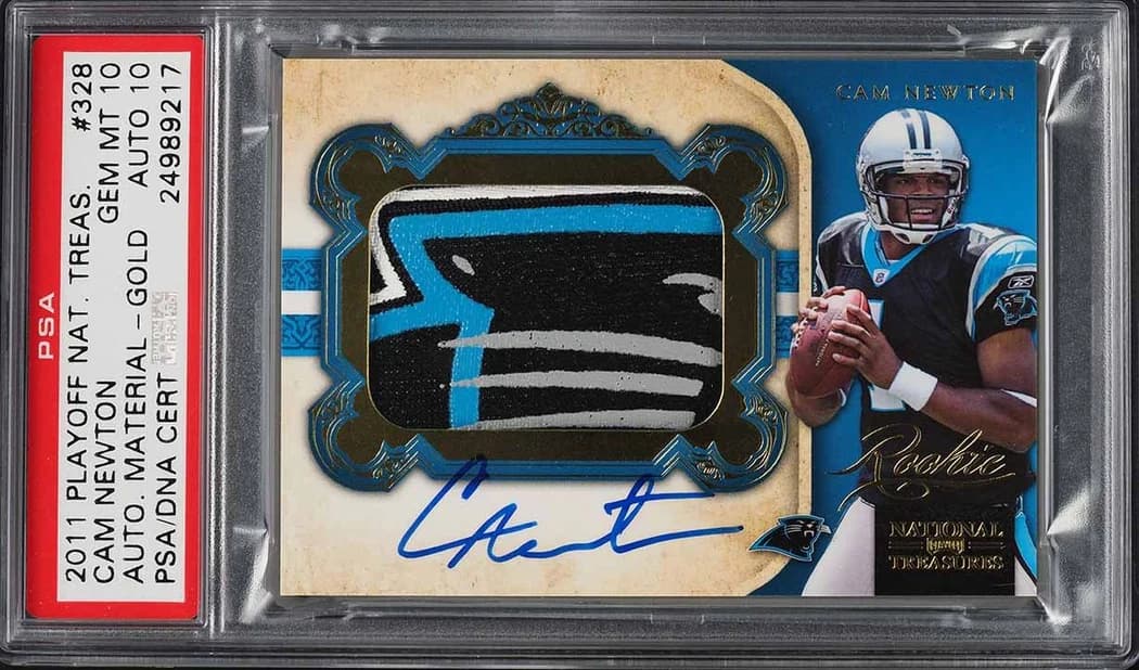 2011 Panini National Treasures Rookie Signature Material Gold Cam Newton #328 /49 card front