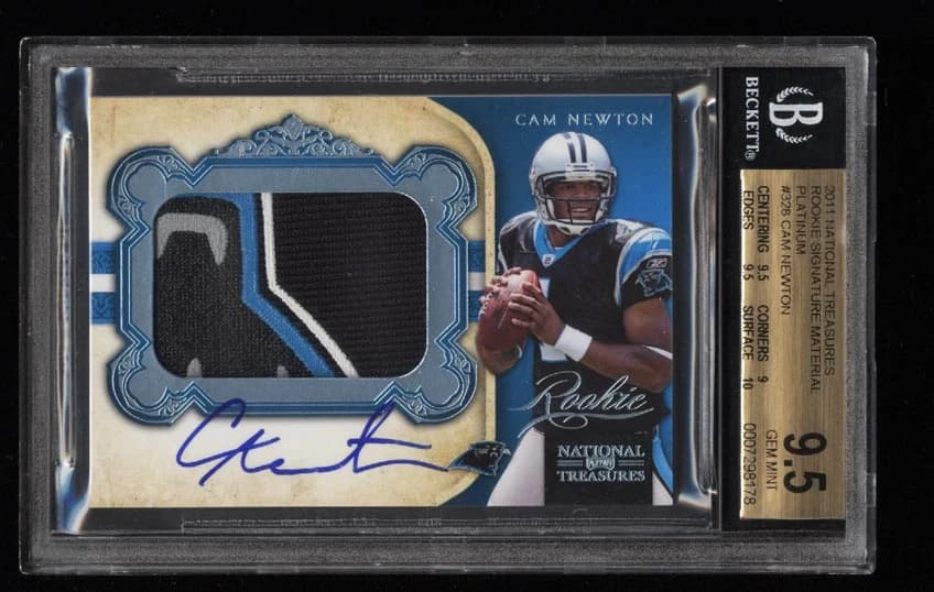 2011 Panini National Treasures Rookie Signature Material Platinum Cam Newton #328 /5 card front