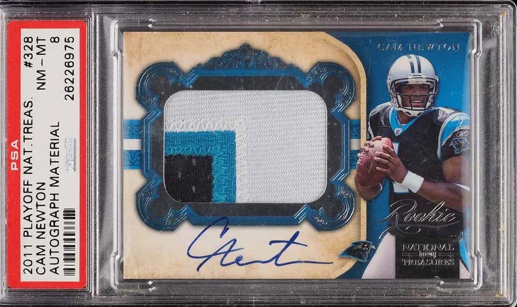 2011 Panini National Treasures Rookie Signature Material Cam Newton #328 /99 card front