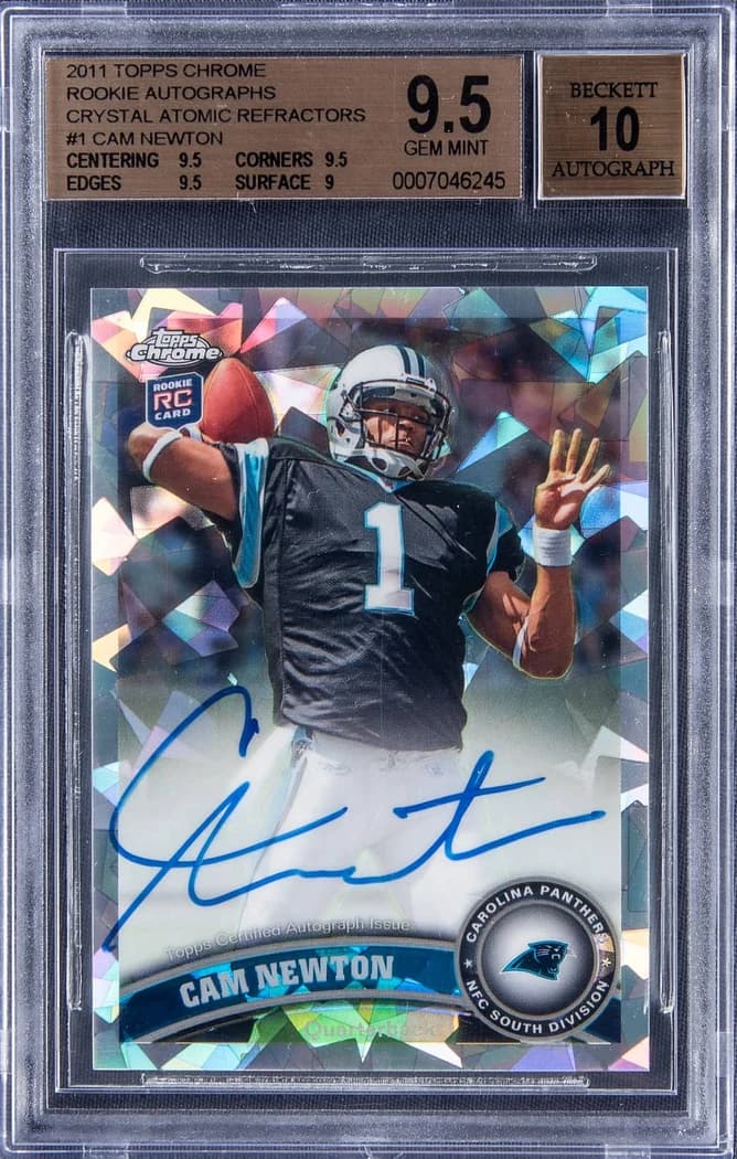2011 Topps Chrome Rookie Autographs Crystal Atomic Refractor Cam Newton #1 /50 card front