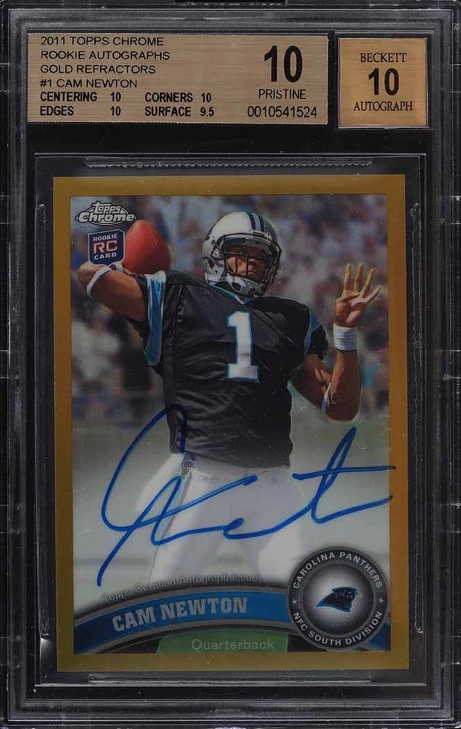 2011 Topps Chrome Rookie Autographs Gold Refractor Cam Newton #1 /10 card front