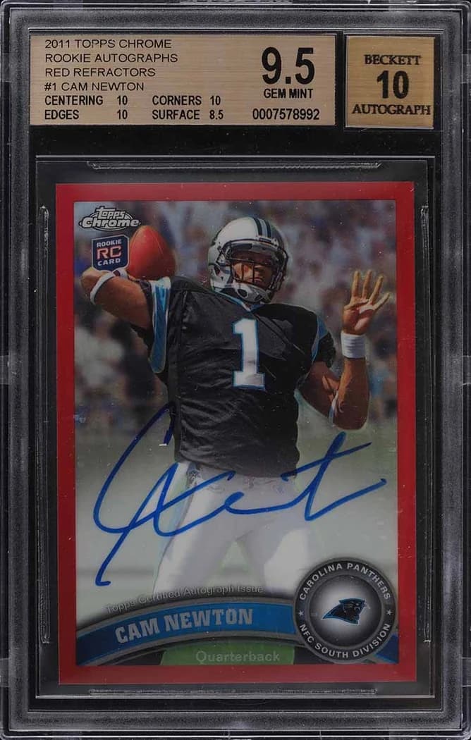 2011 Topps Chrome Rookie Autographs Red Refractor Cam Newton #1 /5 card front