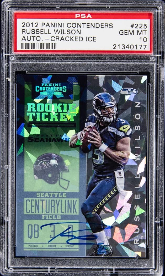 2012 Panini Contenders Rookie Ticket Autograph Cracked Ice Russell Wilson #225 /20 card front