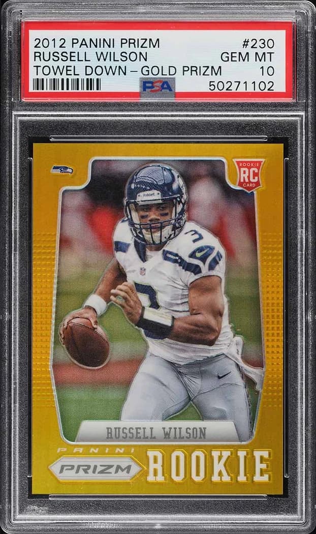 2012 Panini Prizm Towel Down Gold Prizm Russell Wilson #230 /10 card front