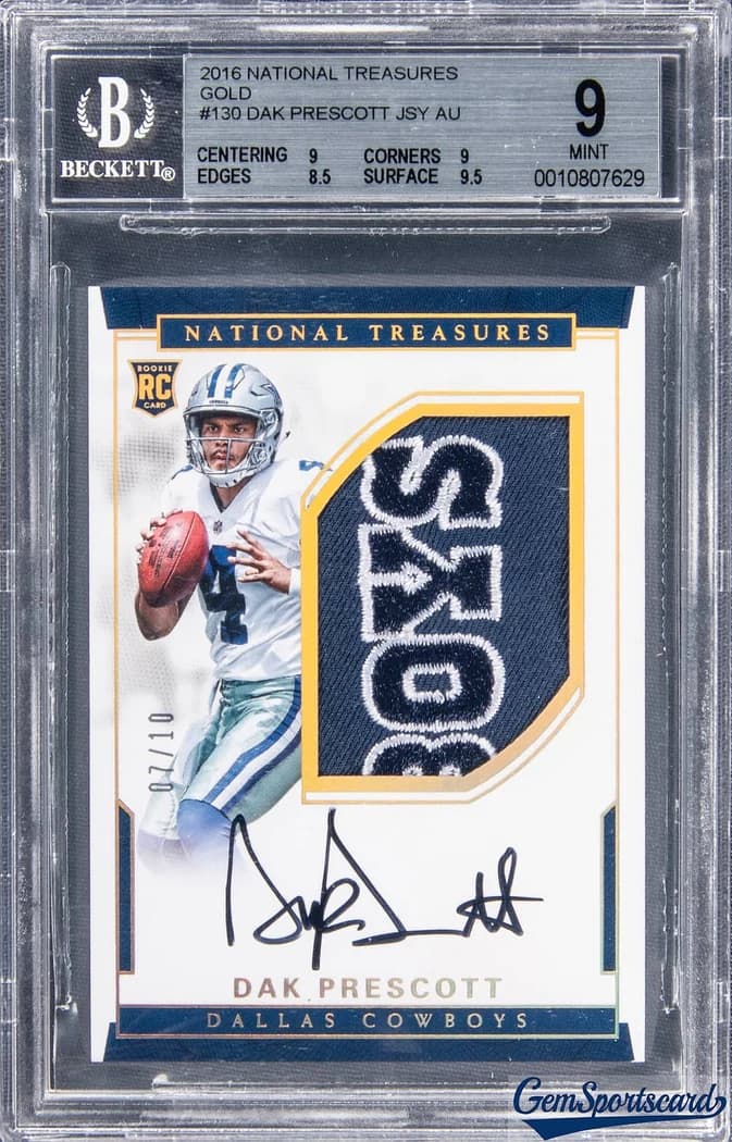 2016 Panini National Treasures Rookie Patch Autographs Gold Dak Prescott #130 /10 card front