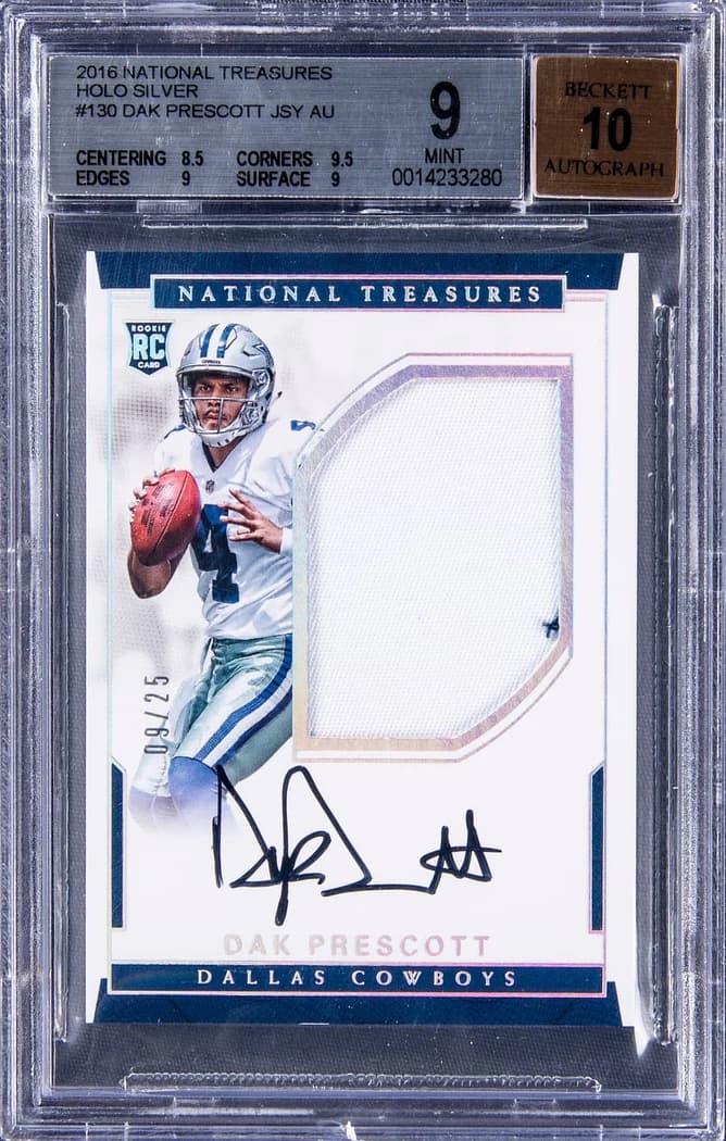 2016 Panini National Treasures Rookie Patch Autographs Holo Silver Dak Prescott #130 /25 card front