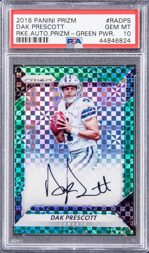 2016 Panini Prizm Rookie Autographs Green Power Dak Prescott #RADPS /49 card front