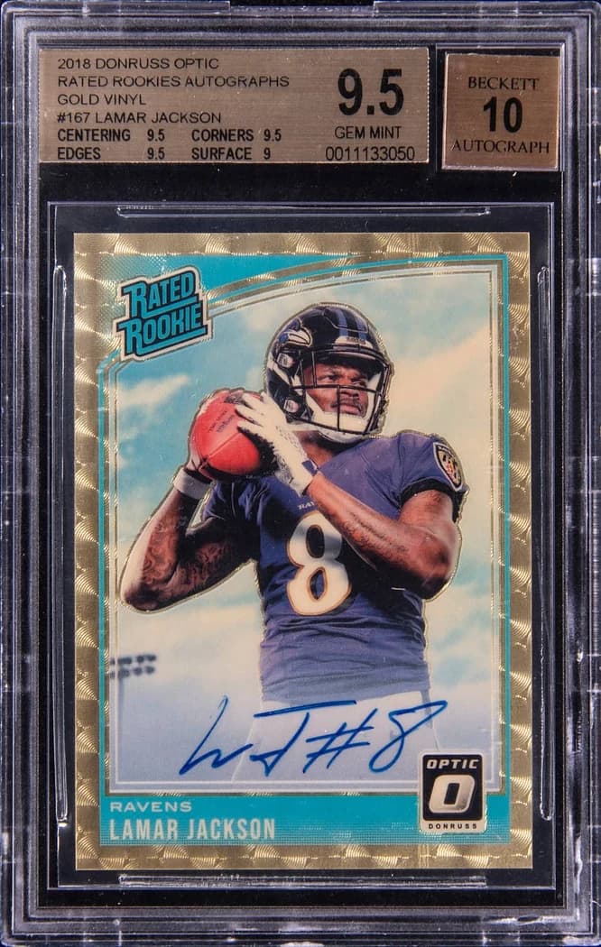 2018 Panini Donruss Optic Rated Rookies Autographs Gold Vinyl Lamar Jackson #167 1/1 card front