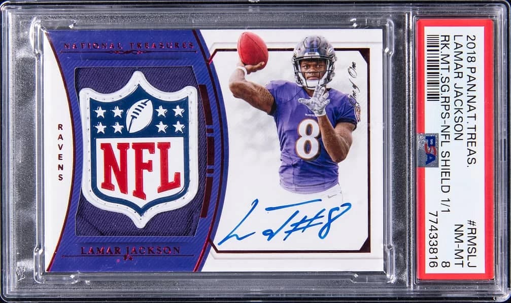 2018 Panini National Treasures Rookie Material Signatures RPS NFL Shield Lamar Jackson #RMSLJ 1/1 card front