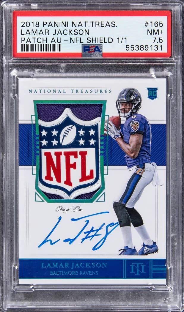 2018 Panini National Treasures Rookie Patch Autographs Platinum NFL Shield Lamar Jackson #165 1/1 card front