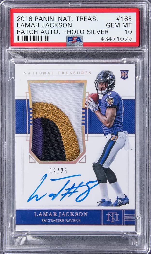 2018 Panini National Treasures Rookie Patch Autographs Holo Silver Lamar Jackson #165 /25 card front