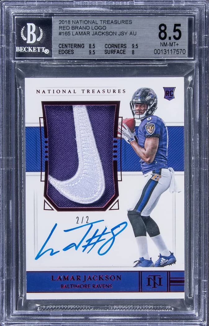 2018 Panini National Treasures Rookie Patch Autographs Red Brand Logo Lamar Jackson #165 /2 card front