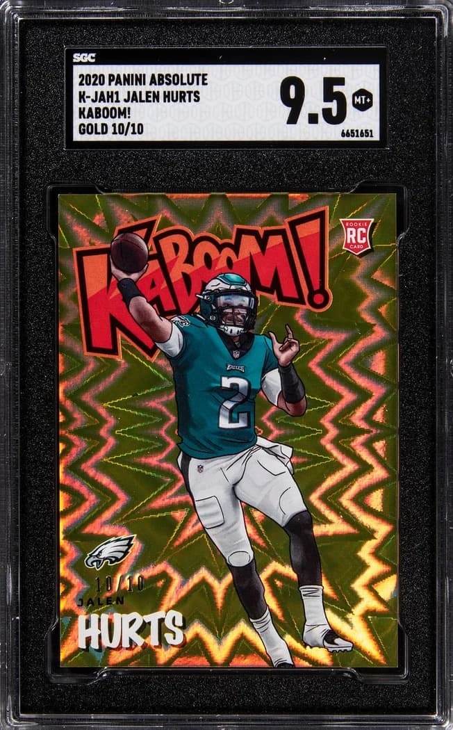 2020 Panini Absolute Kaboom Gold Jalen Hurts #K-JAH1 /10 card front