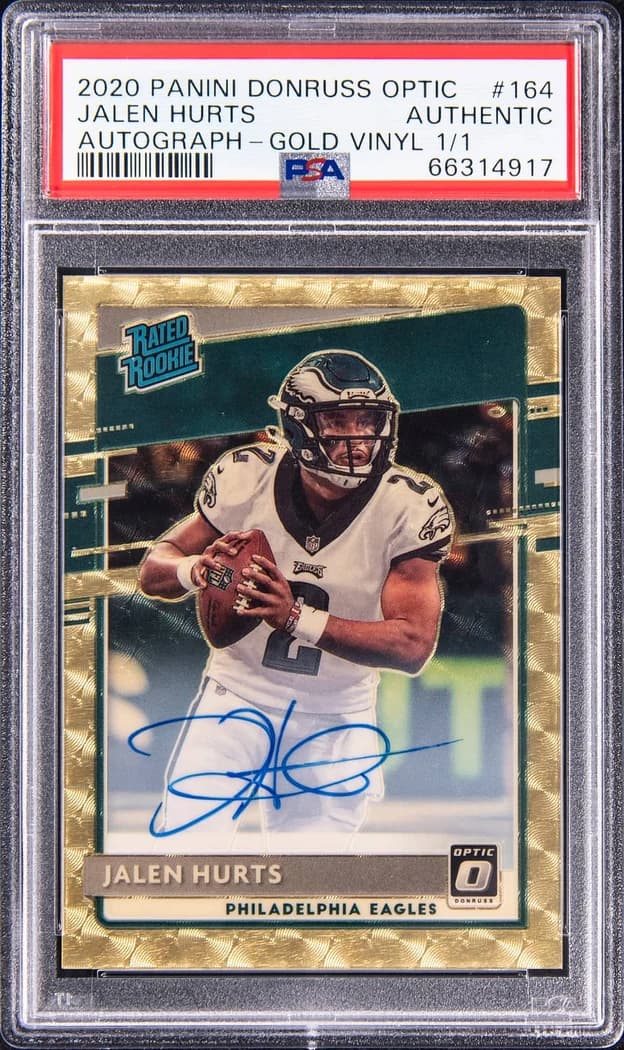 2020 Panini Donruss Optic Rated Rookies Autographs Gold Vinyl Jalen Hurts #164 1/1 card front