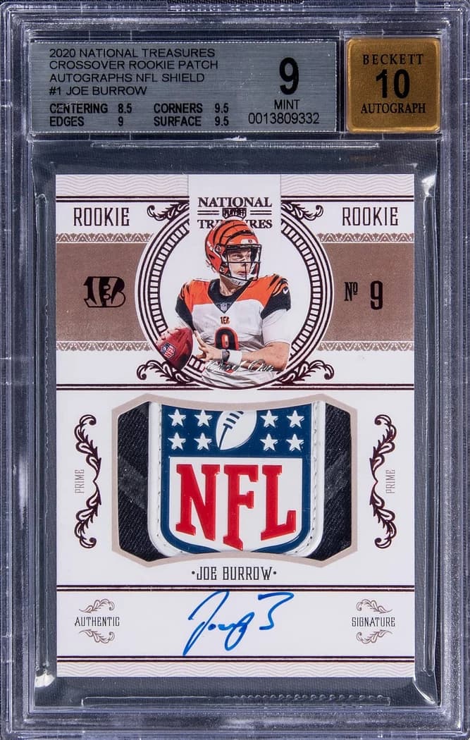 2020 Panini National Treasures Crossover Rookie Patch Autographs NFL Shield Joe Burrow #1 1/1 card front