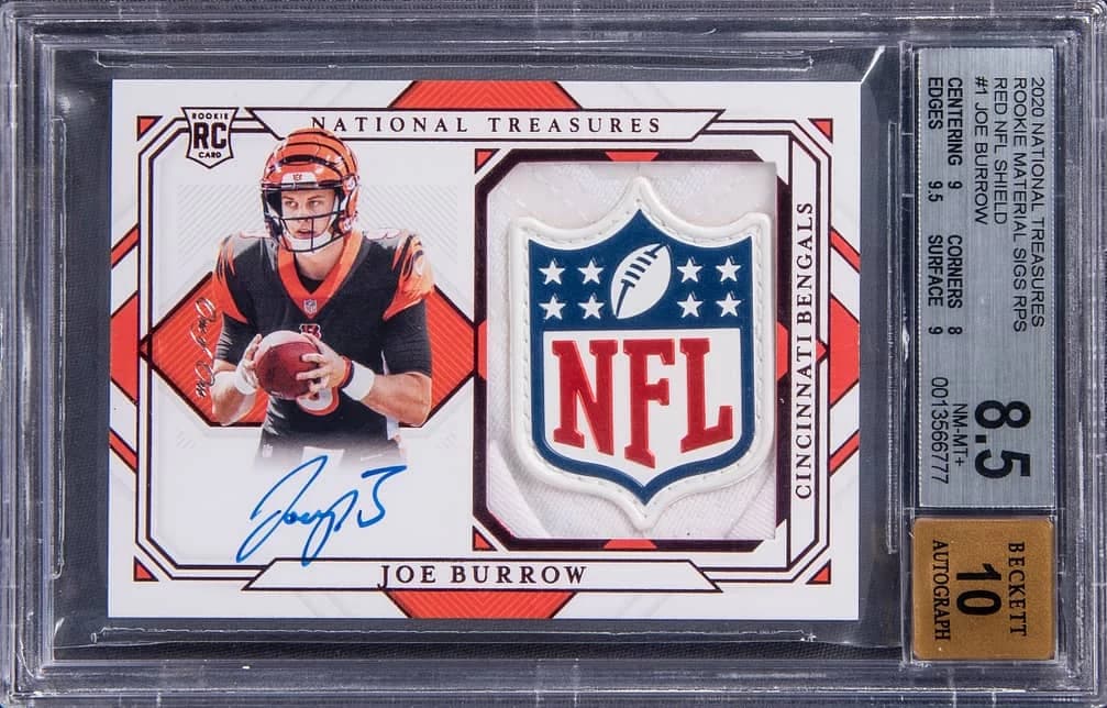 2020 Panini National Treasures Rookie Material Signatures RPS NFL Shield Red Joe Burrow #1 1/1 card front