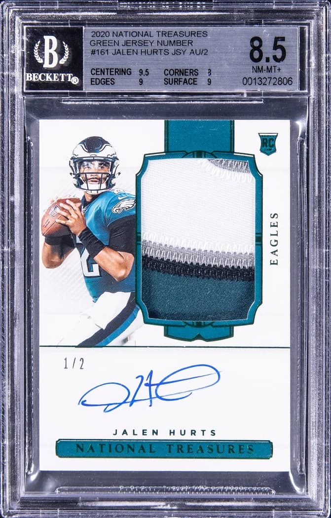 2020 Panini National Treasures Rookie Patch Autographs Green Jersey Number Jalen Hurts #161 /2 card front