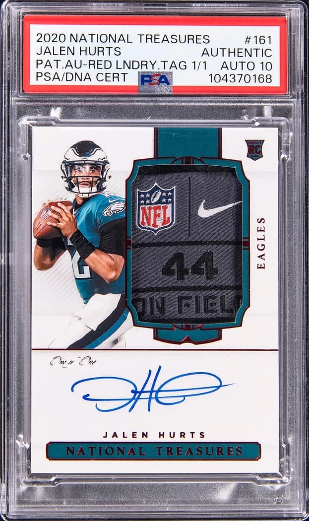 2020 Panini National Treasures Rookie Patch Autographs Red Laundry Tag Jalen Hurts #161 1/1 card front