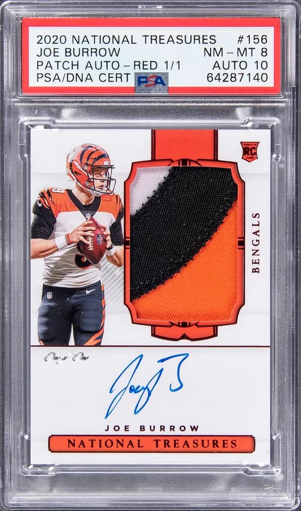2020 Panini National Treasures Rookie Patch Autographs Red Joe Burrow #156 1/1 card front