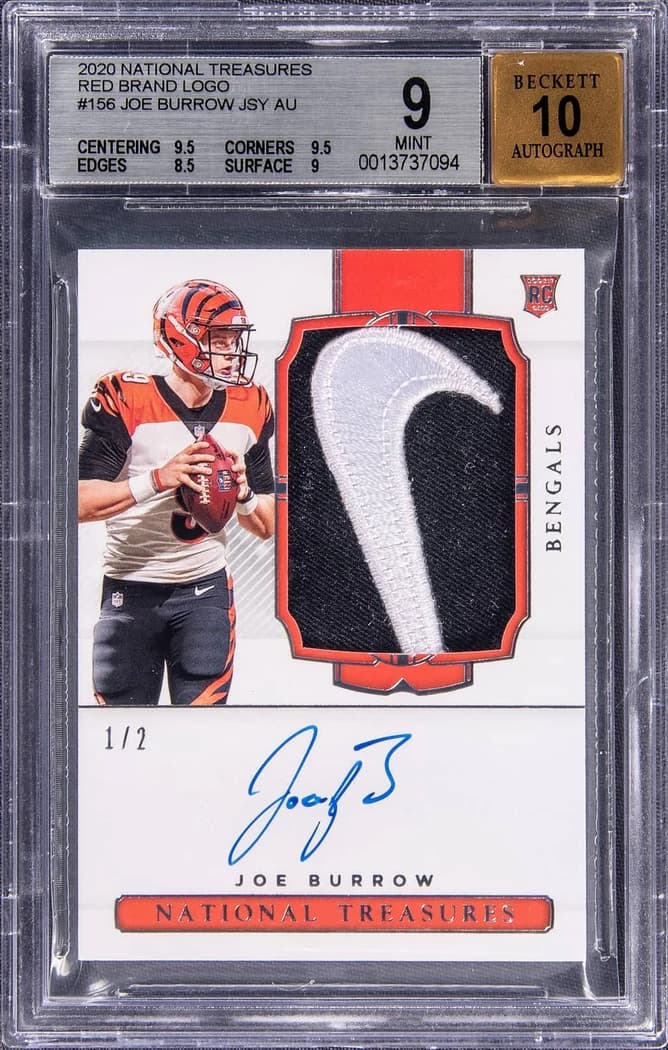 2020 Panini National Treasures Rookie Patch Autographs Red Brand Logo Joe Burrow #156 /2 card front