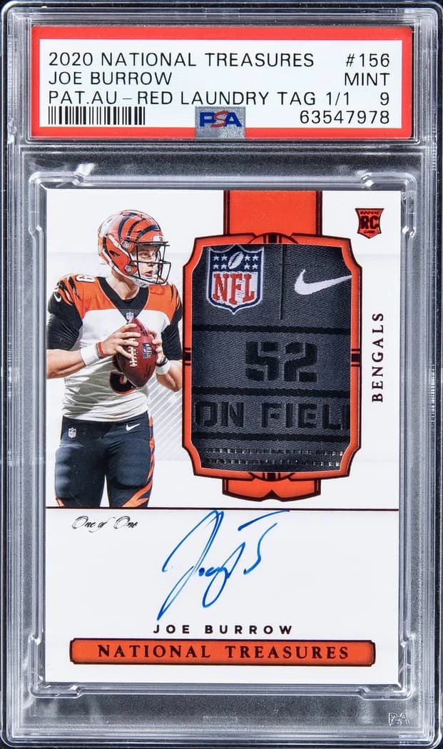 2020 Panini National Treasures Rookie Patch Autographs Red Laundry Tag Joe Burrow #156 1/1 card front