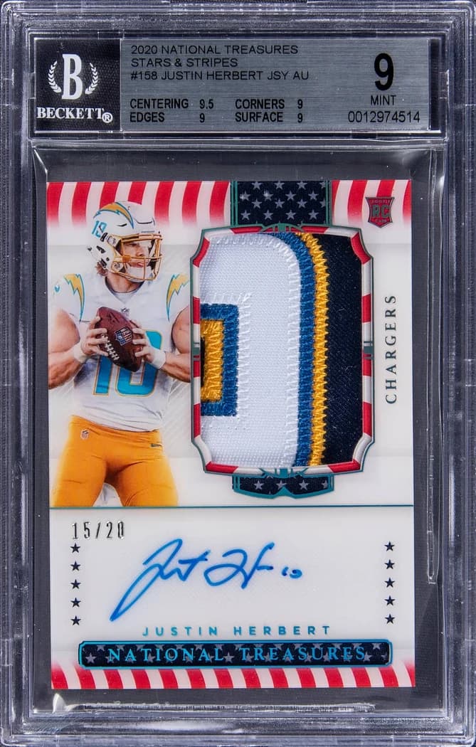 2020 Panini National Treasures Rookie Patch Autographs Stars and Stripes Justin Herbert #158 /20 card front