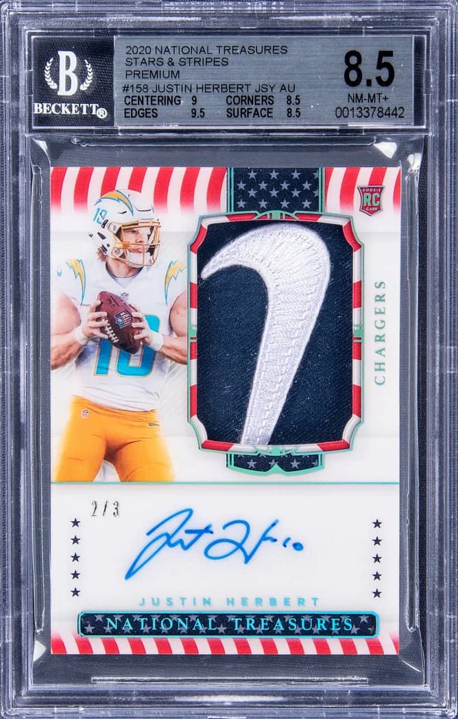 2020 Panini National Treasures Rookie Patch Autographs Stars and Stripes Premium Justin Herbert #158 /3 card front