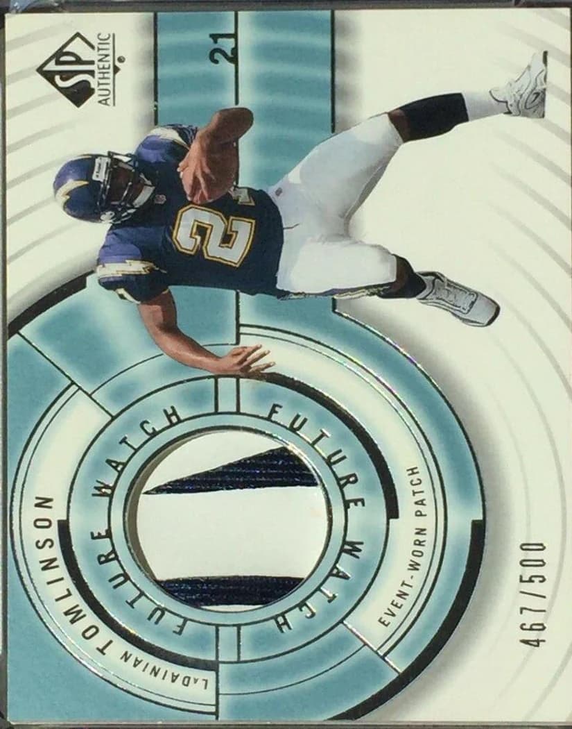 2001 SP Authentic LaDainian Tomlinson Future Watch Jersey Patch #120 /500 card front