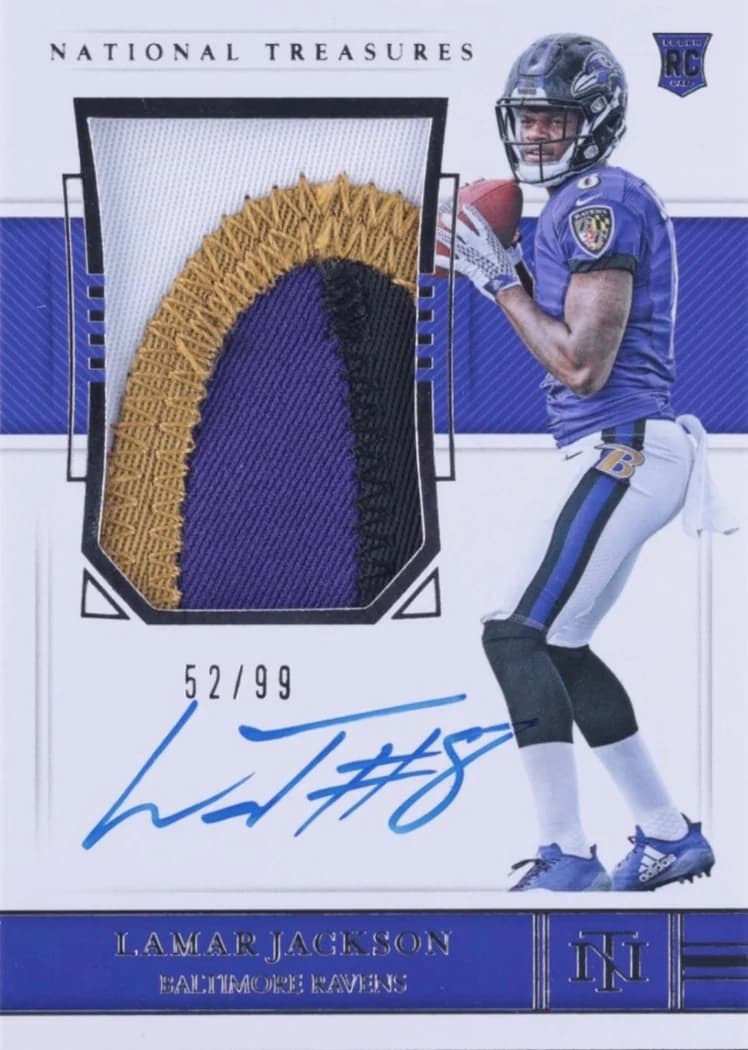 2018 Panini National Treasures Lamar Jackson Rookie Patch Autograph #165 /99 card front