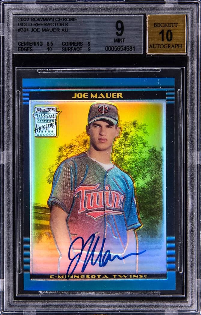 2002 Bowman Chrome Autographs Gold Refractor Joe Mauer #391 card front