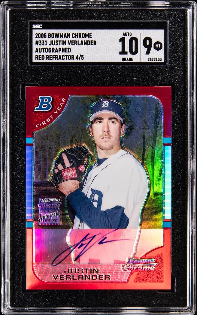 2005 Bowman Chrome Autographs Red Refractor Justin Verlander #331 card front