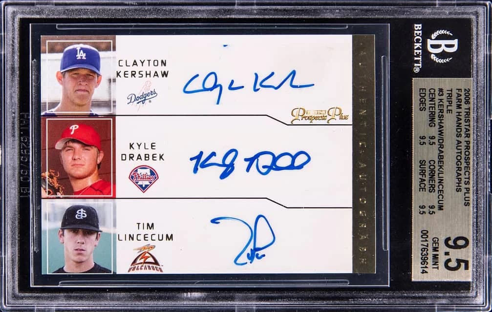 2006 Tristar Prospects Plus Farm Hands Autographs Triple Clayton Kershaw / Kyle Drabek / Tim Lincecum #FH-KDL card front