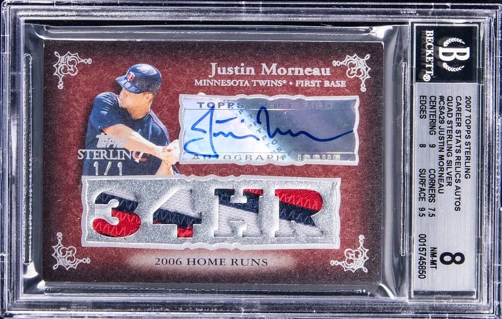 2007 Topps Sterling Career Stats Relics Autographs Quad Sterling Silver Justin Morneau #CSA29 card front