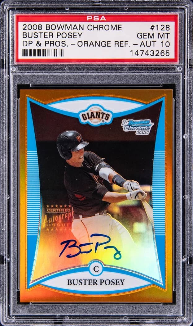 2008 Bowman Chrome Draft Picks & Prospects Orange Refractor Buster Posey #128 card front