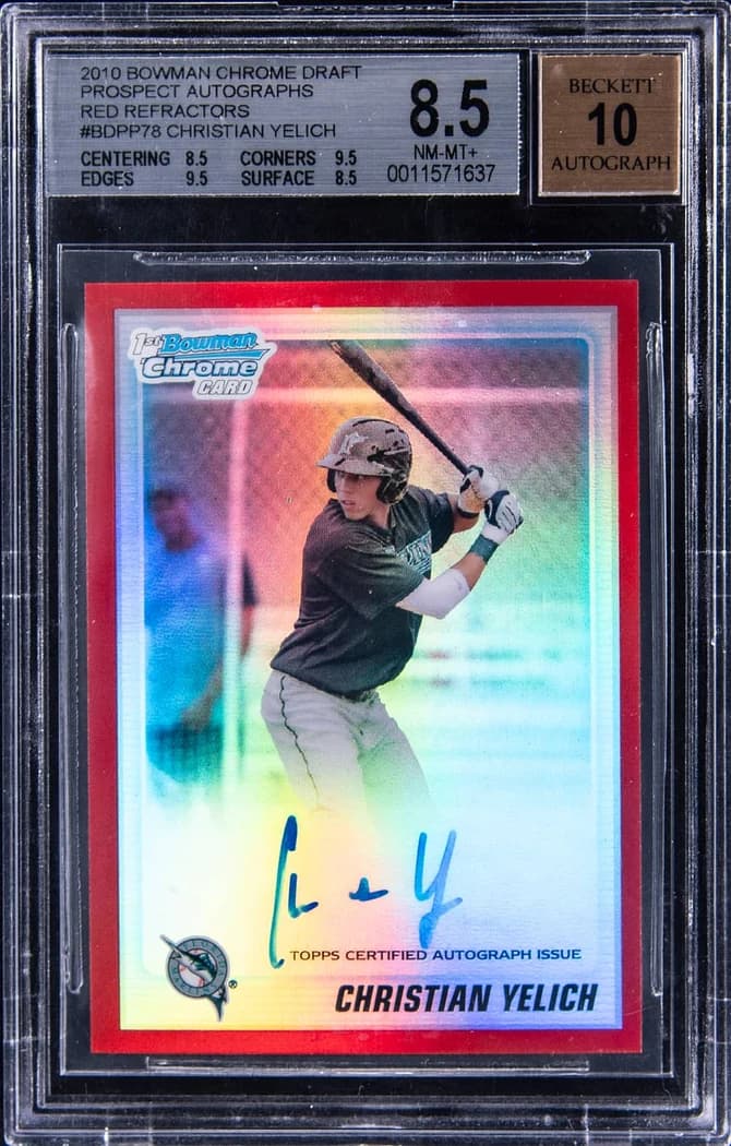 2010 Bowman Chrome Draft Prospect Autographs Red Refractor Christian Yelich #BDPP78 card front