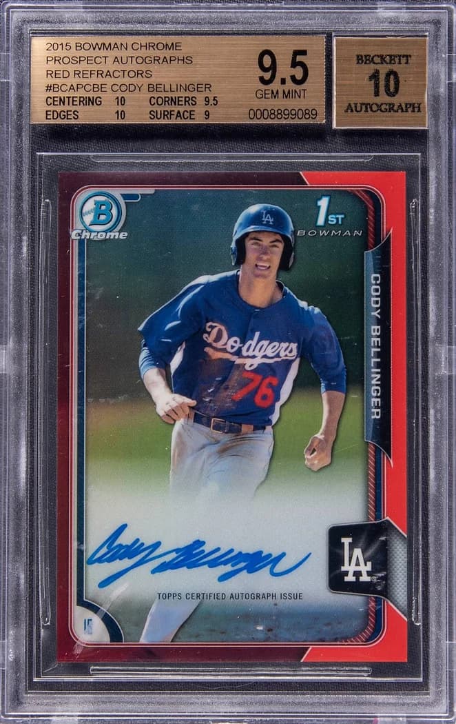2015 Bowman Chrome Prospect Autographs Red Refractor Cody Bellinger #BCAP-CBE card front